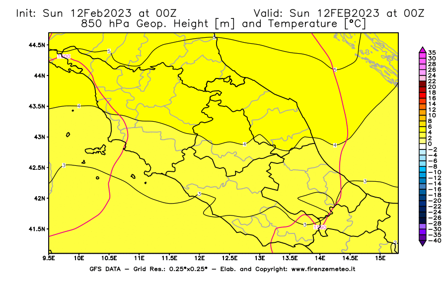 Mappa di analisi GFS - Geopotenziale [m] e Temperatura [°C] a 850 hPa in Centro-Italia
							del 12/02/2023 00 <!--googleoff: index-->UTC<!--googleon: index-->