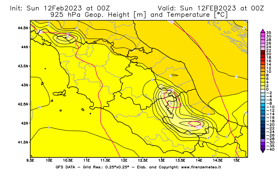 Mappa di analisi GFS - Geopotenziale [m] e Temperatura [°C] a 925 hPa in Centro-Italia
							del 12/02/2023 00 <!--googleoff: index-->UTC<!--googleon: index-->