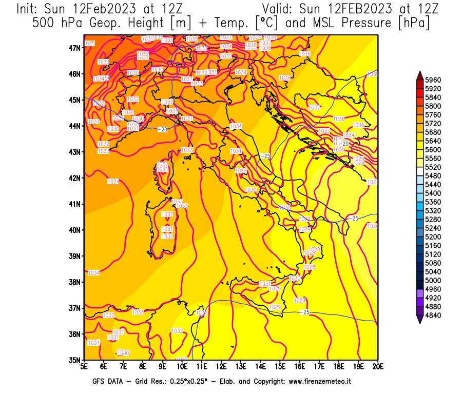 Mappa di analisi GFS - Geopotenziale [m] + Temp. [°C] a 500 hPa + Press. a livello del mare [hPa] in Italia
							del 12/02/2023 12 <!--googleoff: index-->UTC<!--googleon: index-->