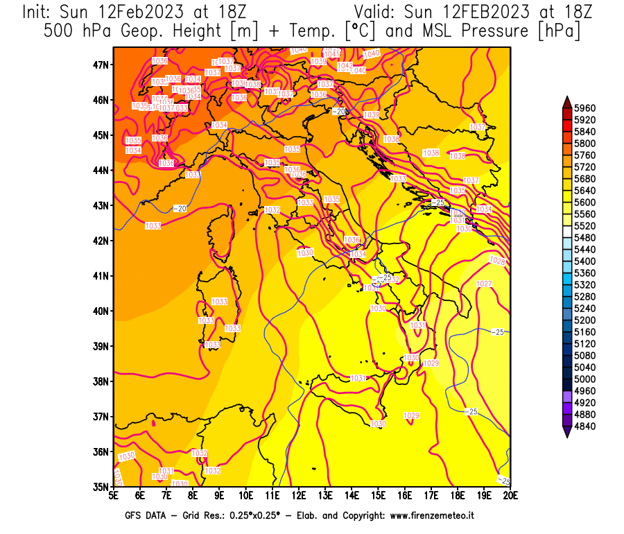 Mappa di analisi GFS - Geopotenziale [m] + Temp. [°C] a 500 hPa + Press. a livello del mare [hPa] in Italia
							del 12/02/2023 18 <!--googleoff: index-->UTC<!--googleon: index-->