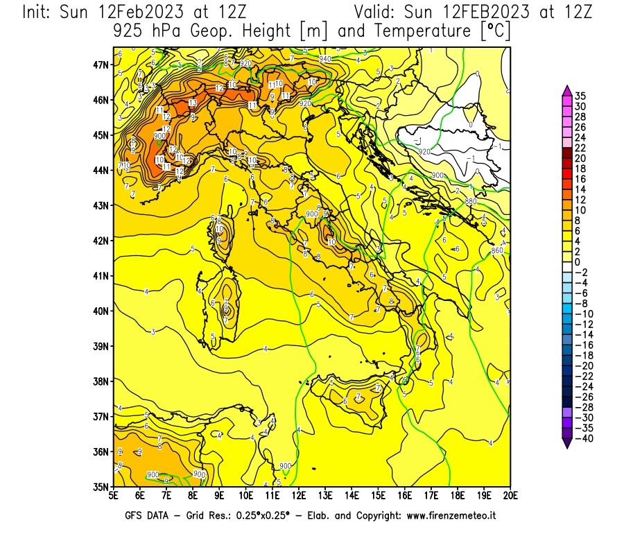Mappa di analisi GFS - Geopotenziale [m] e Temperatura [°C] a 925 hPa in Italia
							del 12/02/2023 12 <!--googleoff: index-->UTC<!--googleon: index-->