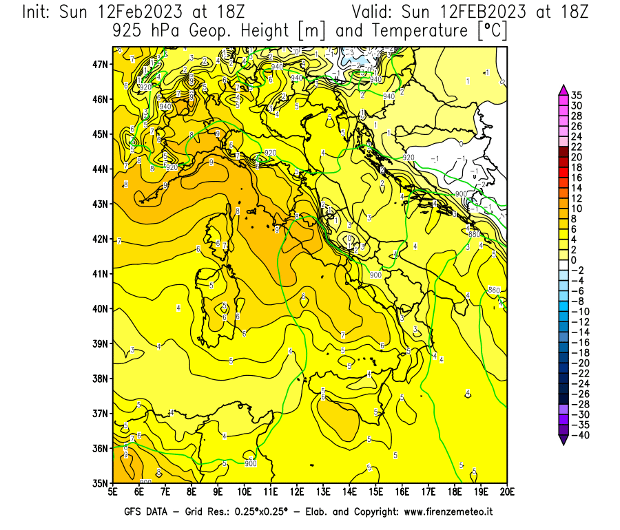 Mappa di analisi GFS - Geopotenziale [m] e Temperatura [°C] a 925 hPa in Italia
							del 12/02/2023 18 <!--googleoff: index-->UTC<!--googleon: index-->
