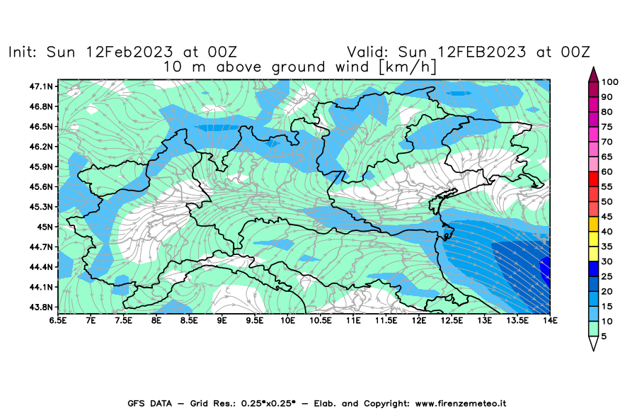 Mappa di analisi GFS - Velocità del vento a 10 metri dal suolo [km/h] in Nord-Italia
							del 12/02/2023 00 <!--googleoff: index-->UTC<!--googleon: index-->