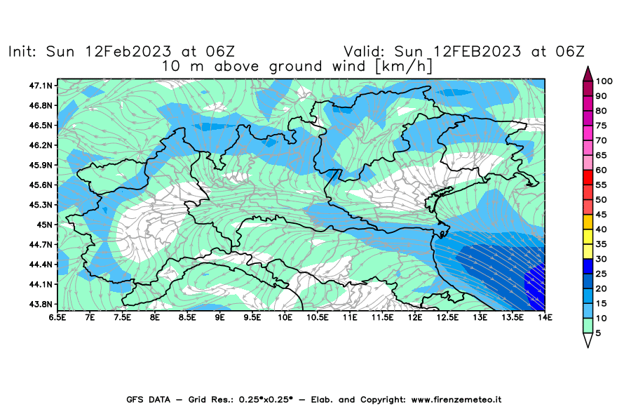 Mappa di analisi GFS - Velocità del vento a 10 metri dal suolo [km/h] in Nord-Italia
							del 12/02/2023 06 <!--googleoff: index-->UTC<!--googleon: index-->