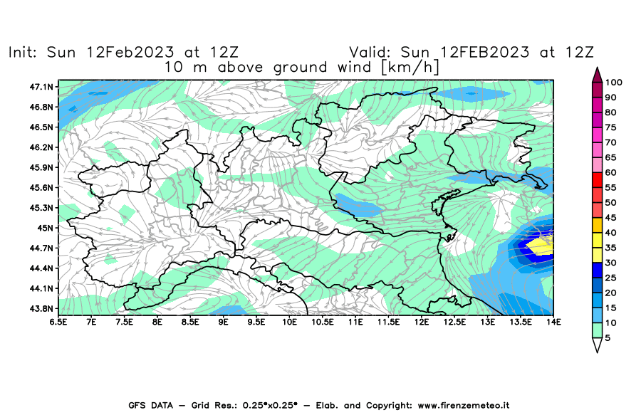 Mappa di analisi GFS - Velocità del vento a 10 metri dal suolo [km/h] in Nord-Italia
							del 12/02/2023 12 <!--googleoff: index-->UTC<!--googleon: index-->
