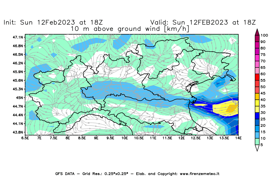 Mappa di analisi GFS - Velocità del vento a 10 metri dal suolo [km/h] in Nord-Italia
							del 12/02/2023 18 <!--googleoff: index-->UTC<!--googleon: index-->
