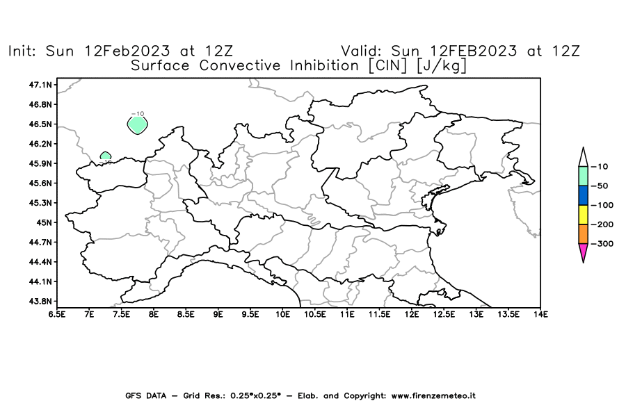 Mappa di analisi GFS - CIN [J/kg] in Nord-Italia
							del 12/02/2023 12 <!--googleoff: index-->UTC<!--googleon: index-->
