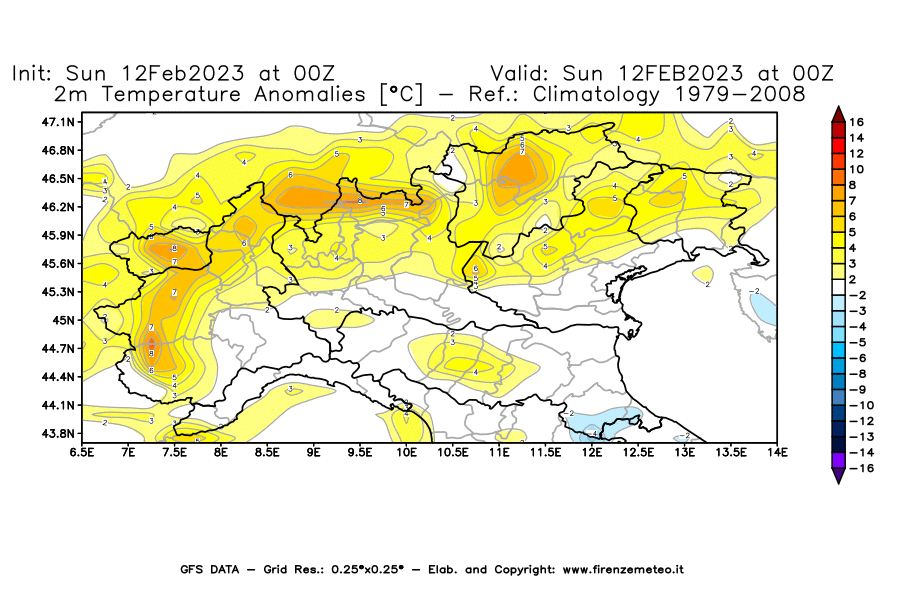 Mappa di analisi GFS - Anomalia Temperatura [°C] a 2 m in Nord-Italia
							del 12/02/2023 00 <!--googleoff: index-->UTC<!--googleon: index-->
