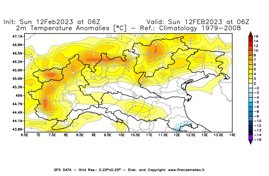 Mappa di analisi GFS - Anomalia Temperatura [°C] a 2 m in Nord-Italia
							del 12/02/2023 06 <!--googleoff: index-->UTC<!--googleon: index-->