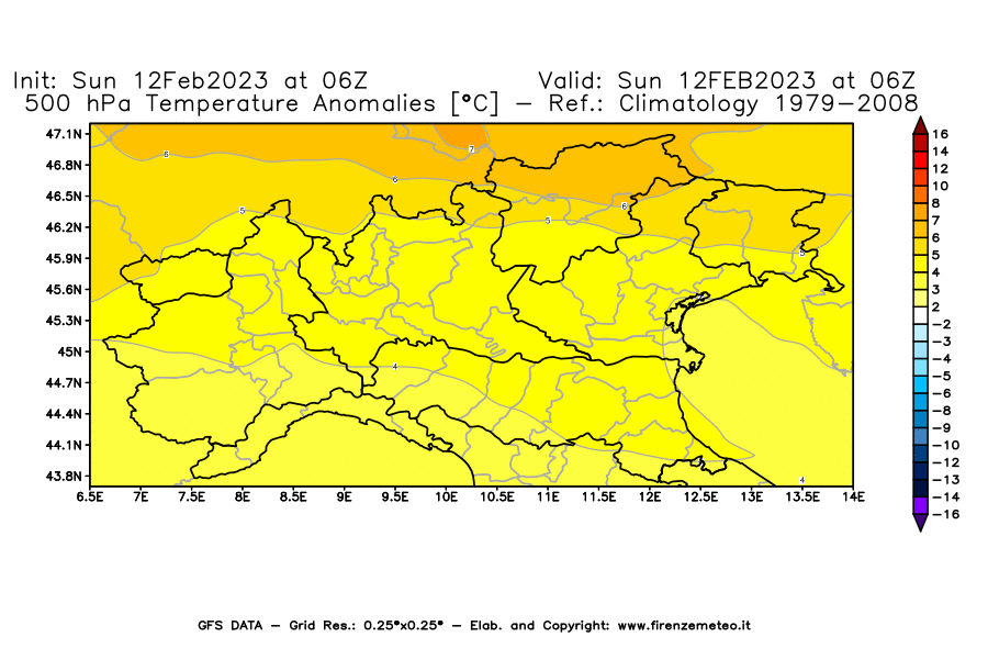 Mappa di analisi GFS - Anomalia Temperatura [°C] a 500 hPa in Nord-Italia
							del 12/02/2023 06 <!--googleoff: index-->UTC<!--googleon: index-->