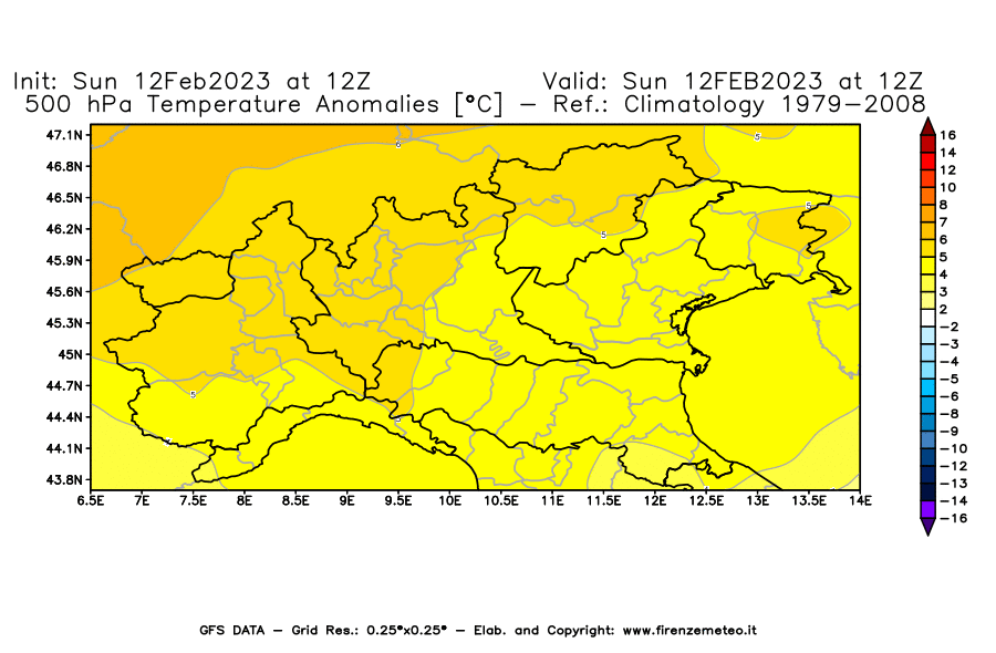 Mappa di analisi GFS - Anomalia Temperatura [°C] a 500 hPa in Nord-Italia
							del 12/02/2023 12 <!--googleoff: index-->UTC<!--googleon: index-->