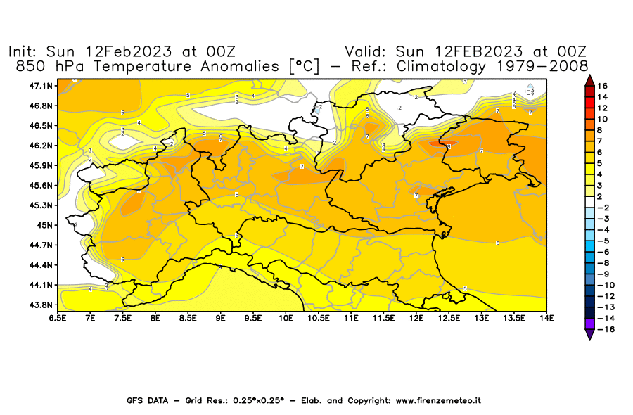Mappa di analisi GFS - Anomalia Temperatura [°C] a 850 hPa in Nord-Italia
							del 12/02/2023 00 <!--googleoff: index-->UTC<!--googleon: index-->