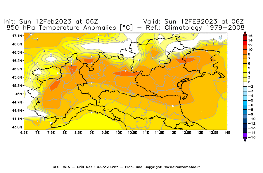 Mappa di analisi GFS - Anomalia Temperatura [°C] a 850 hPa in Nord-Italia
							del 12/02/2023 06 <!--googleoff: index-->UTC<!--googleon: index-->