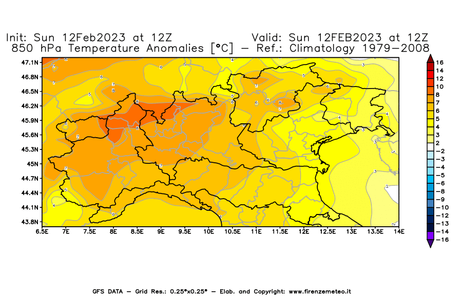 Mappa di analisi GFS - Anomalia Temperatura [°C] a 850 hPa in Nord-Italia
							del 12/02/2023 12 <!--googleoff: index-->UTC<!--googleon: index-->