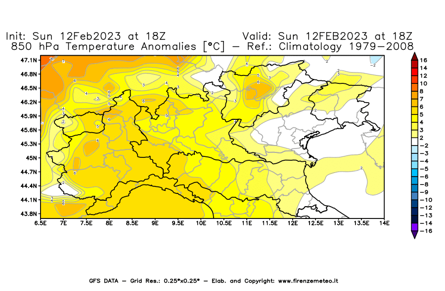 Mappa di analisi GFS - Anomalia Temperatura [°C] a 850 hPa in Nord-Italia
							del 12/02/2023 18 <!--googleoff: index-->UTC<!--googleon: index-->
