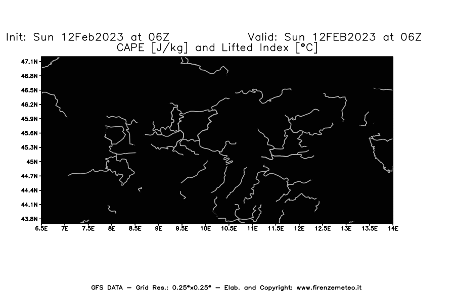 Mappa di analisi GFS - CAPE [J/kg] e Lifted Index [°C] in Nord-Italia
							del 12/02/2023 06 <!--googleoff: index-->UTC<!--googleon: index-->