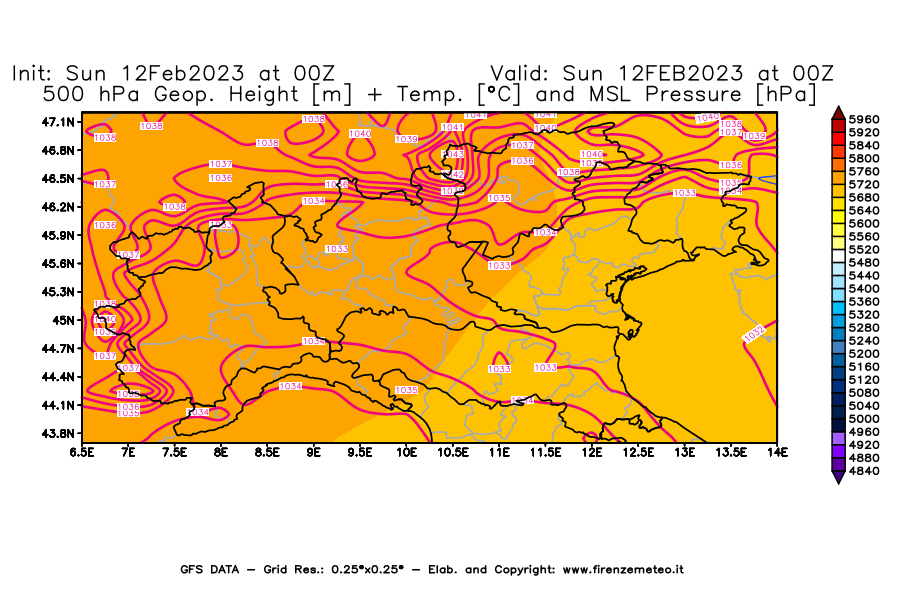 Mappa di analisi GFS - Geopotenziale [m] + Temp. [°C] a 500 hPa + Press. a livello del mare [hPa] in Nord-Italia
							del 12/02/2023 00 <!--googleoff: index-->UTC<!--googleon: index-->