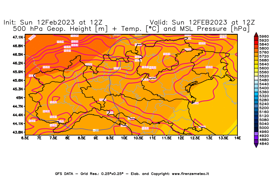 Mappa di analisi GFS - Geopotenziale [m] + Temp. [°C] a 500 hPa + Press. a livello del mare [hPa] in Nord-Italia
							del 12/02/2023 12 <!--googleoff: index-->UTC<!--googleon: index-->