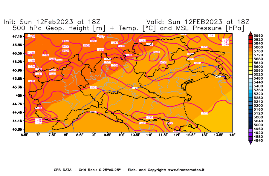 Mappa di analisi GFS - Geopotenziale [m] + Temp. [°C] a 500 hPa + Press. a livello del mare [hPa] in Nord-Italia
							del 12/02/2023 18 <!--googleoff: index-->UTC<!--googleon: index-->