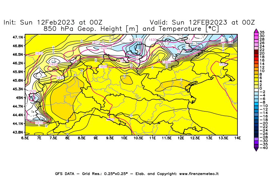 Mappa di analisi GFS - Geopotenziale [m] e Temperatura [°C] a 850 hPa in Nord-Italia
							del 12/02/2023 00 <!--googleoff: index-->UTC<!--googleon: index-->