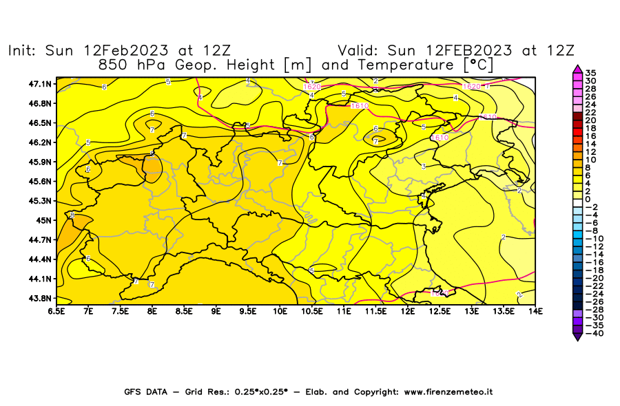 Mappa di analisi GFS - Geopotenziale [m] e Temperatura [°C] a 850 hPa in Nord-Italia
							del 12/02/2023 12 <!--googleoff: index-->UTC<!--googleon: index-->