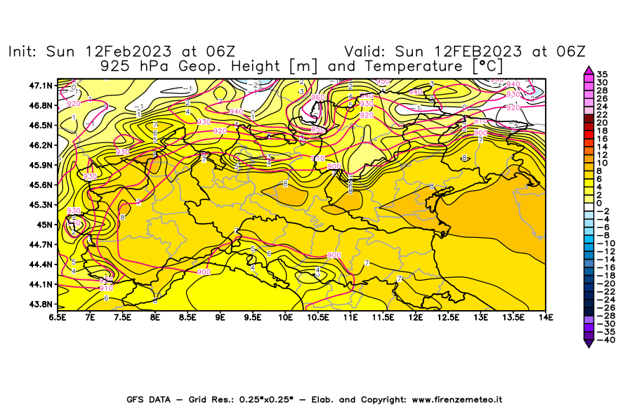 Mappa di analisi GFS - Geopotenziale [m] e Temperatura [°C] a 925 hPa in Nord-Italia
							del 12/02/2023 06 <!--googleoff: index-->UTC<!--googleon: index-->