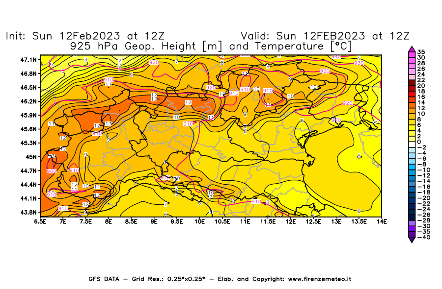 Mappa di analisi GFS - Geopotenziale [m] e Temperatura [°C] a 925 hPa in Nord-Italia
							del 12/02/2023 12 <!--googleoff: index-->UTC<!--googleon: index-->