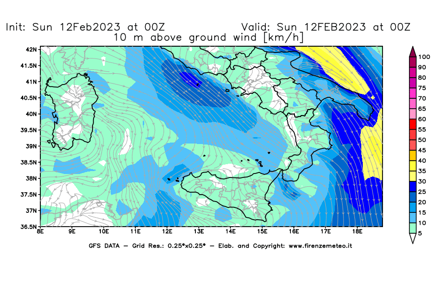 Mappa di analisi GFS - Velocità del vento a 10 metri dal suolo [km/h] in Sud-Italia
							del 12/02/2023 00 <!--googleoff: index-->UTC<!--googleon: index-->