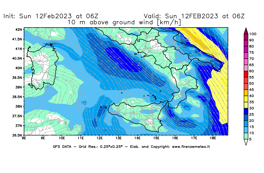 Mappa di analisi GFS - Velocità del vento a 10 metri dal suolo [km/h] in Sud-Italia
							del 12/02/2023 06 <!--googleoff: index-->UTC<!--googleon: index-->