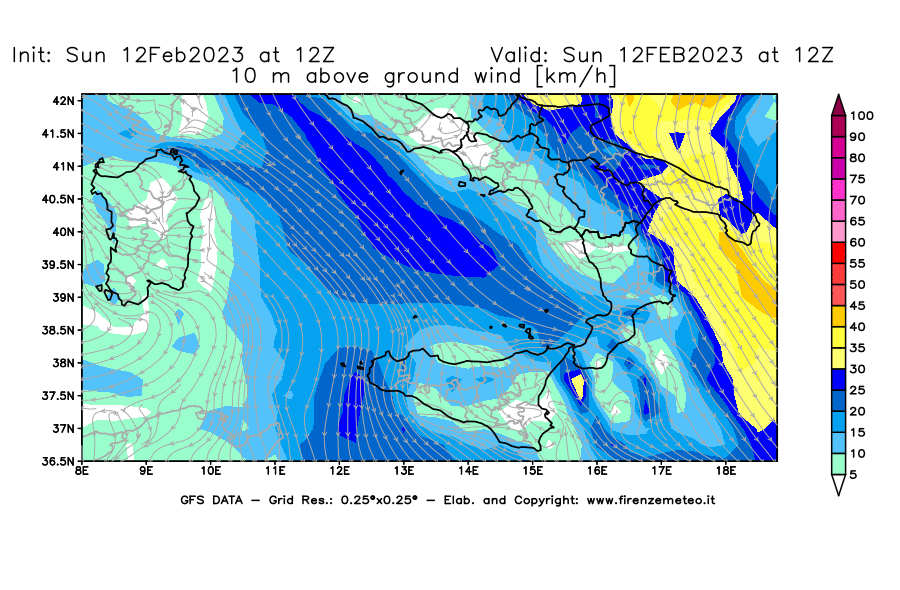 Mappa di analisi GFS - Velocità del vento a 10 metri dal suolo [km/h] in Sud-Italia
							del 12/02/2023 12 <!--googleoff: index-->UTC<!--googleon: index-->