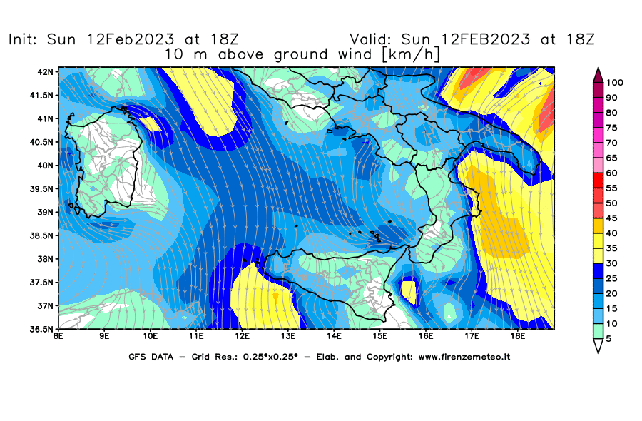 Mappa di analisi GFS - Velocità del vento a 10 metri dal suolo [km/h] in Sud-Italia
							del 12/02/2023 18 <!--googleoff: index-->UTC<!--googleon: index-->