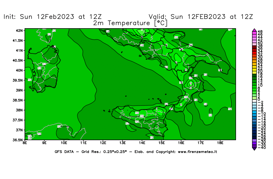 Mappa di analisi GFS - Temperatura a 2 metri dal suolo [°C] in Sud-Italia
							del 12/02/2023 12 <!--googleoff: index-->UTC<!--googleon: index-->