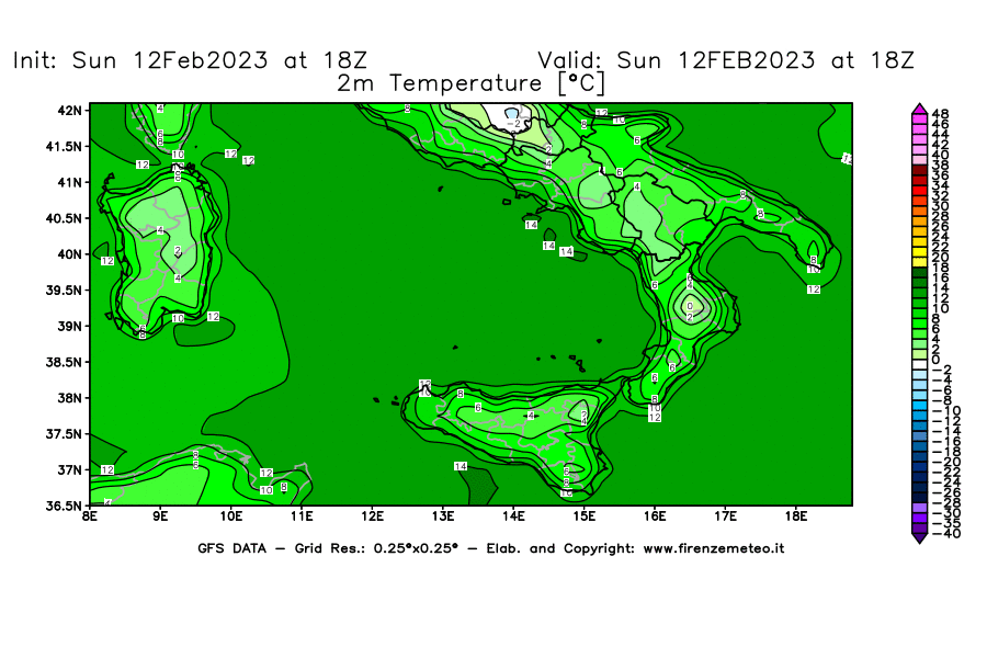 Mappa di analisi GFS - Temperatura a 2 metri dal suolo [°C] in Sud-Italia
							del 12/02/2023 18 <!--googleoff: index-->UTC<!--googleon: index-->