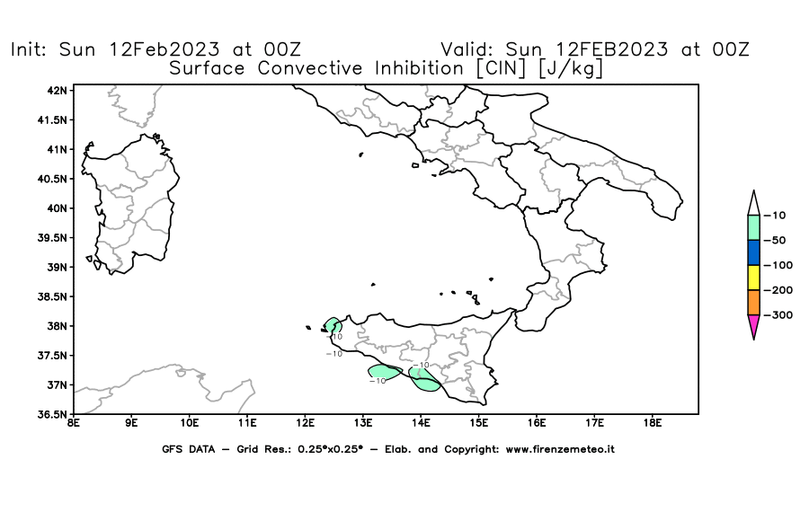 Mappa di analisi GFS - CIN [J/kg] in Sud-Italia
							del 12/02/2023 00 <!--googleoff: index-->UTC<!--googleon: index-->