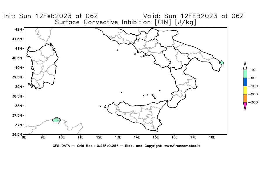 Mappa di analisi GFS - CIN [J/kg] in Sud-Italia
							del 12/02/2023 06 <!--googleoff: index-->UTC<!--googleon: index-->