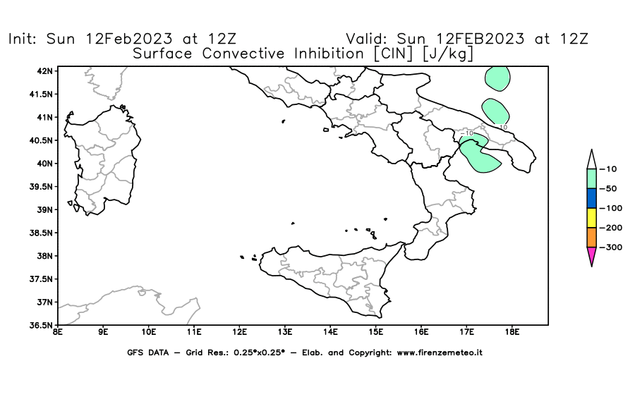 Mappa di analisi GFS - CIN [J/kg] in Sud-Italia
							del 12/02/2023 12 <!--googleoff: index-->UTC<!--googleon: index-->