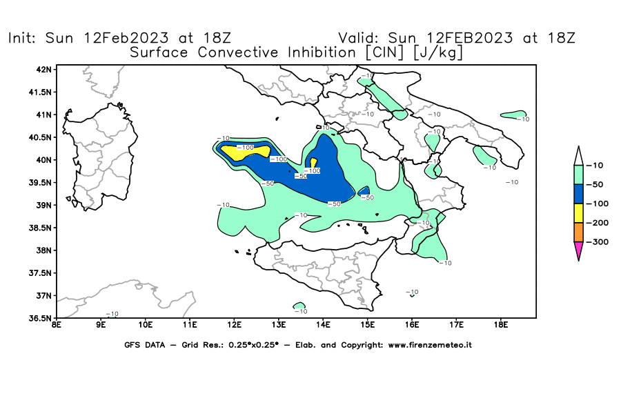 Mappa di analisi GFS - CIN [J/kg] in Sud-Italia
							del 12/02/2023 18 <!--googleoff: index-->UTC<!--googleon: index-->