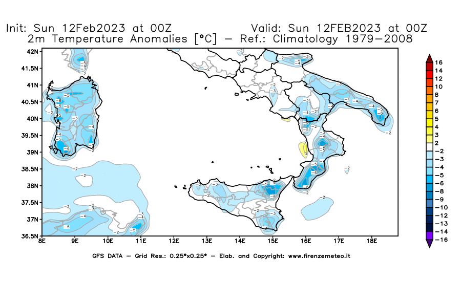 Mappa di analisi GFS - Anomalia Temperatura [°C] a 2 m in Sud-Italia
							del 12/02/2023 00 <!--googleoff: index-->UTC<!--googleon: index-->