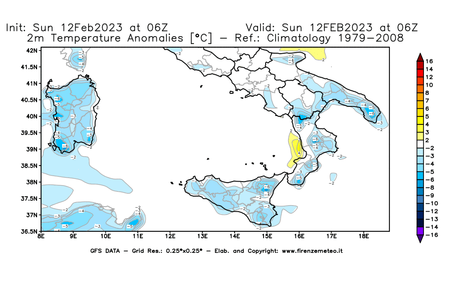 Mappa di analisi GFS - Anomalia Temperatura [°C] a 2 m in Sud-Italia
							del 12/02/2023 06 <!--googleoff: index-->UTC<!--googleon: index-->