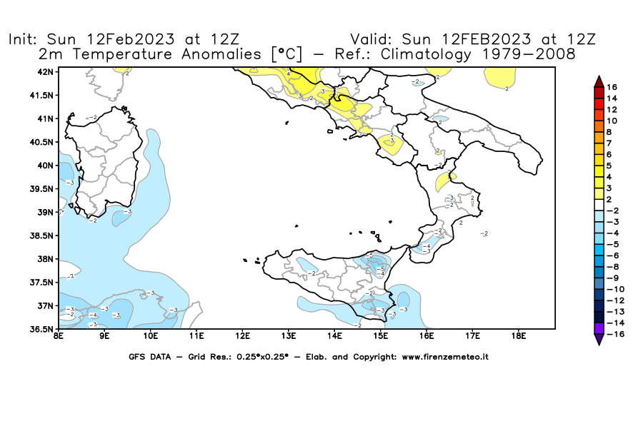 Mappa di analisi GFS - Anomalia Temperatura [°C] a 2 m in Sud-Italia
							del 12/02/2023 12 <!--googleoff: index-->UTC<!--googleon: index-->