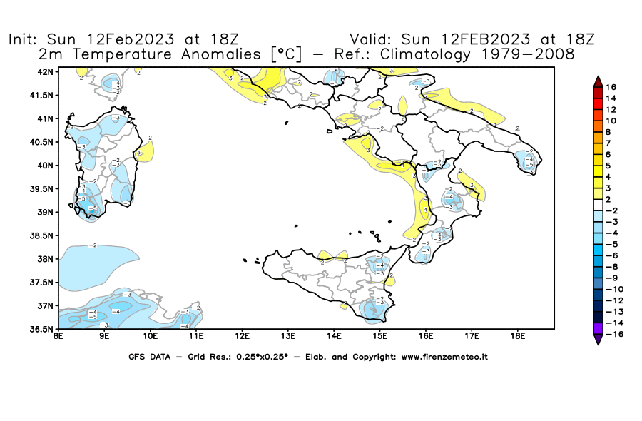 Mappa di analisi GFS - Anomalia Temperatura [°C] a 2 m in Sud-Italia
							del 12/02/2023 18 <!--googleoff: index-->UTC<!--googleon: index-->