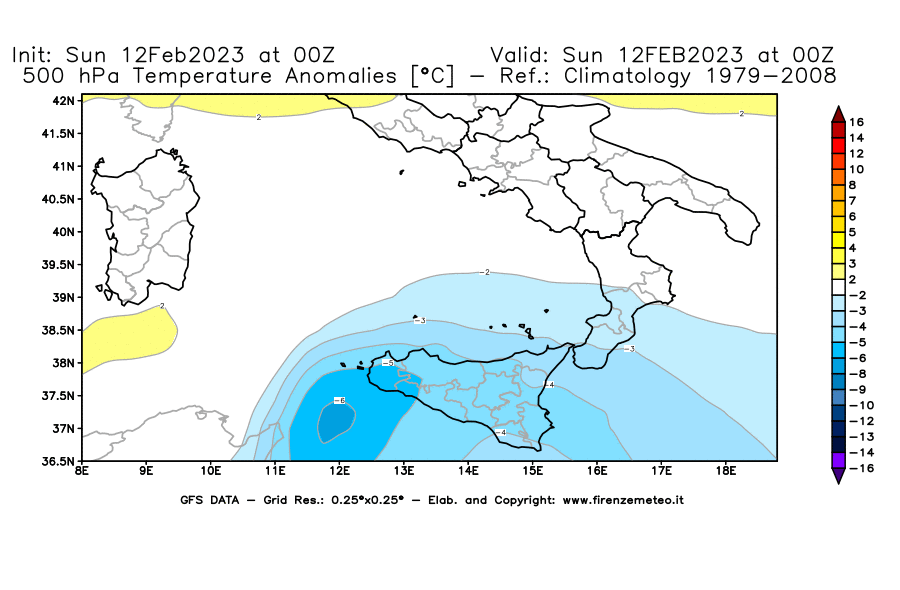 Mappa di analisi GFS - Anomalia Temperatura [°C] a 500 hPa in Sud-Italia
							del 12/02/2023 00 <!--googleoff: index-->UTC<!--googleon: index-->