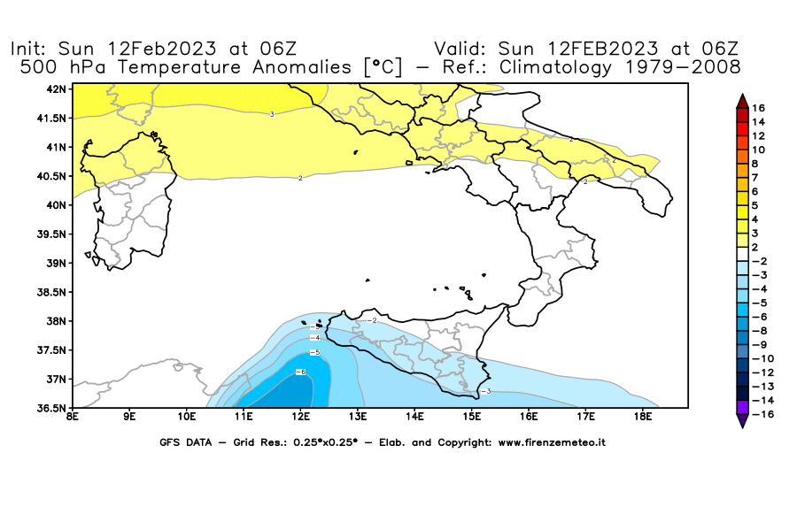 Mappa di analisi GFS - Anomalia Temperatura [°C] a 500 hPa in Sud-Italia
							del 12/02/2023 06 <!--googleoff: index-->UTC<!--googleon: index-->