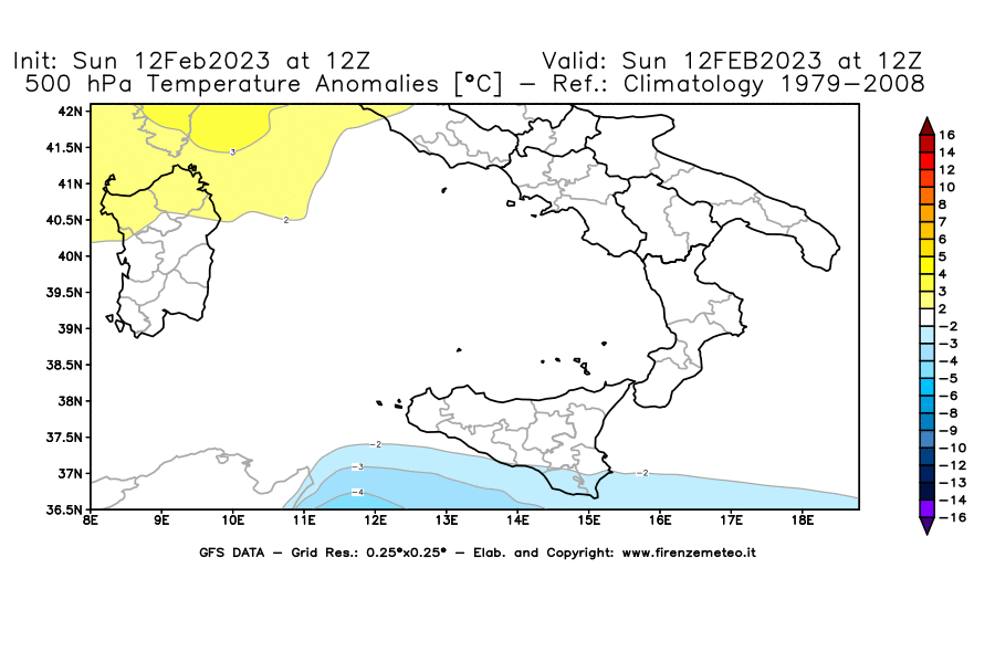 Mappa di analisi GFS - Anomalia Temperatura [°C] a 500 hPa in Sud-Italia
							del 12/02/2023 12 <!--googleoff: index-->UTC<!--googleon: index-->