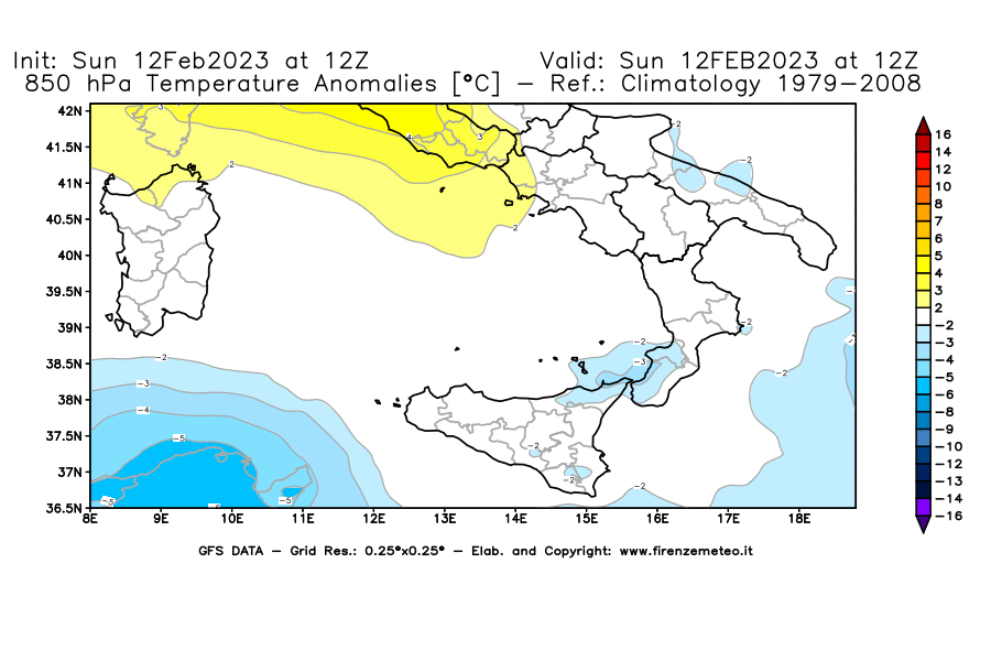 Mappa di analisi GFS - Anomalia Temperatura [°C] a 850 hPa in Sud-Italia
							del 12/02/2023 12 <!--googleoff: index-->UTC<!--googleon: index-->