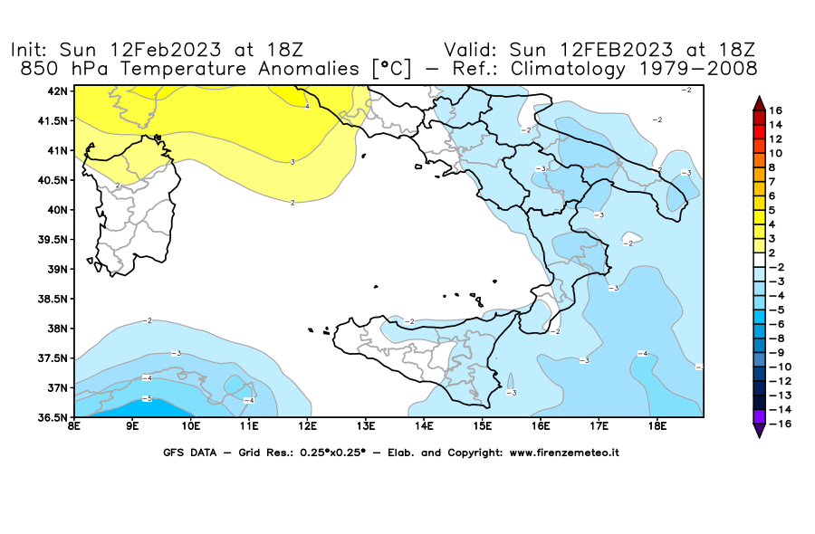 Mappa di analisi GFS - Anomalia Temperatura [°C] a 850 hPa in Sud-Italia
							del 12/02/2023 18 <!--googleoff: index-->UTC<!--googleon: index-->