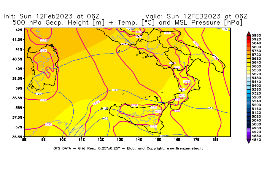 Mappa di analisi GFS - Geopotenziale [m] + Temp. [°C] a 500 hPa + Press. a livello del mare [hPa] in Sud-Italia
							del 12/02/2023 06 <!--googleoff: index-->UTC<!--googleon: index-->