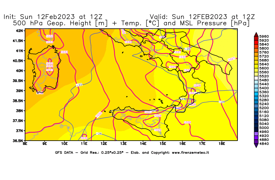 Mappa di analisi GFS - Geopotenziale [m] + Temp. [°C] a 500 hPa + Press. a livello del mare [hPa] in Sud-Italia
							del 12/02/2023 12 <!--googleoff: index-->UTC<!--googleon: index-->