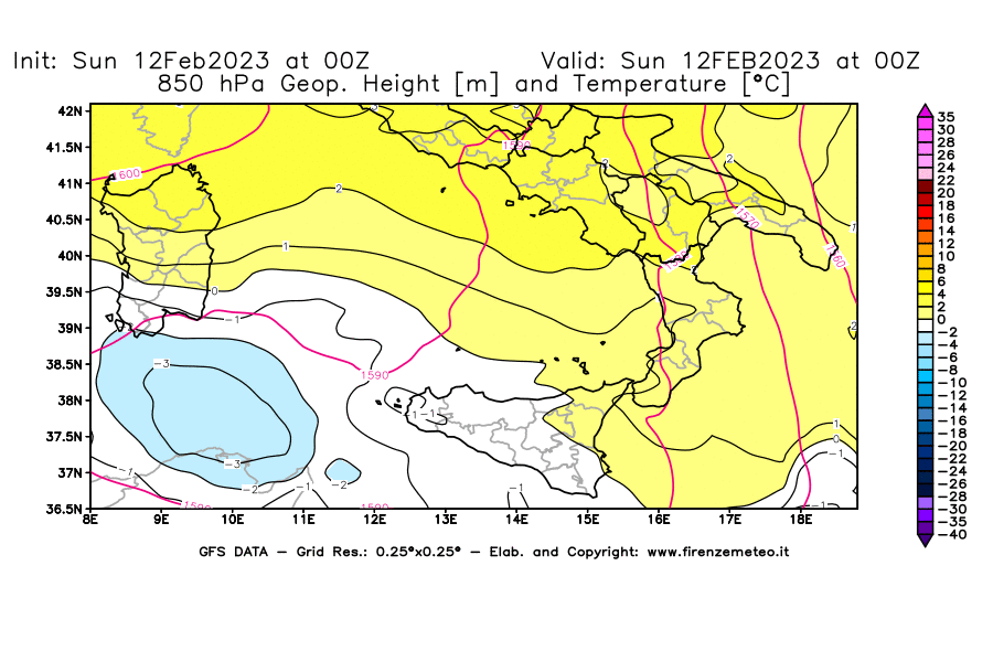 Mappa di analisi GFS - Geopotenziale [m] e Temperatura [°C] a 850 hPa in Sud-Italia
							del 12/02/2023 00 <!--googleoff: index-->UTC<!--googleon: index-->