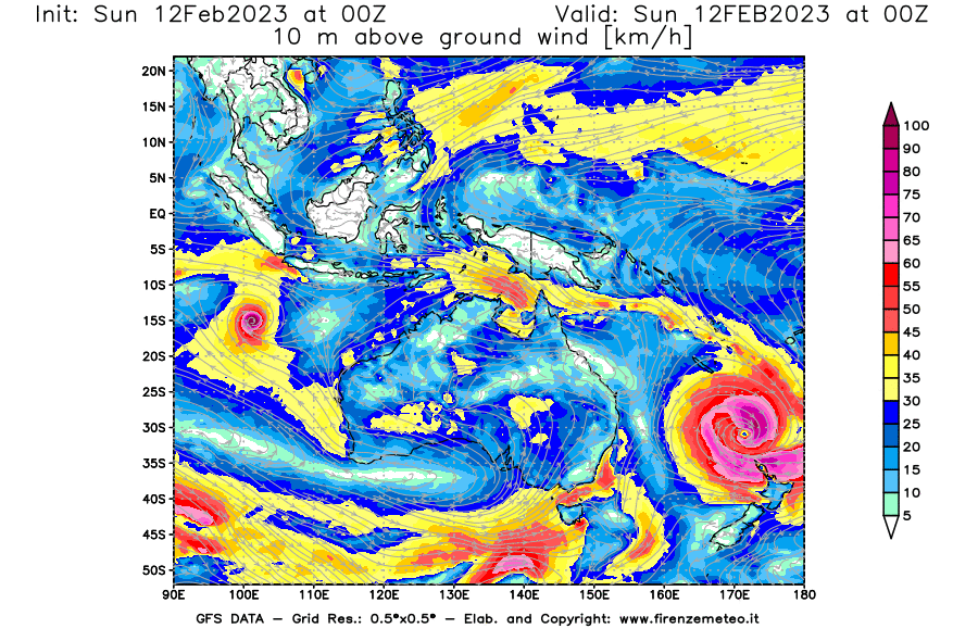 Mappa di analisi GFS - Velocità del vento a 10 metri dal suolo [km/h] in Oceania
							del 12/02/2023 00 <!--googleoff: index-->UTC<!--googleon: index-->